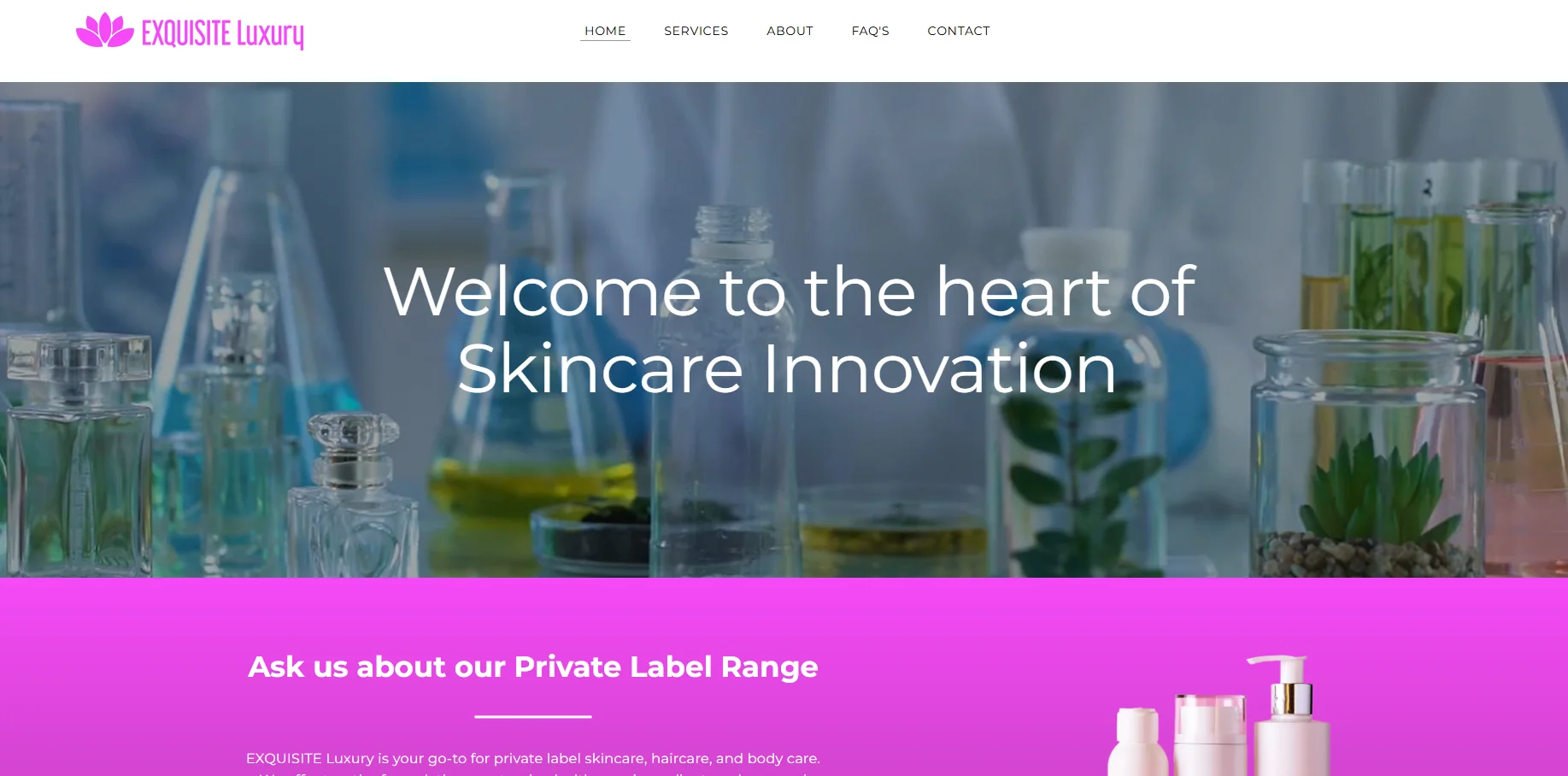 Laboratory bottles with plants inside and text 'Welcome to the heart of Skincare Innovation'. Promotes private label range.